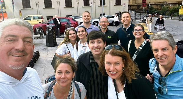 Fun times in Florence: The ACE Domination peer group, hosted by McFarlin Stanford and The Grow Group, spent a day in Florence, Italy. Back row: Bret Schmitz, High Prairie Outdoors; Bob Marks, emi landscape; and Aaron Zych, ILT Vignocchi. Middle row: Robyn Schmitz, High Prairie Outdoors; Brie Marks, emi landscape; and Donna Vignocchi, ILT Vignocchi. Front row: Seth Jones, Landscape Management, and his wife Adrianne; Paul Myers, McFarlin Stanford and Tracy and Scott Wallingford, McFarlin Stanford. (Photo: LM staff)