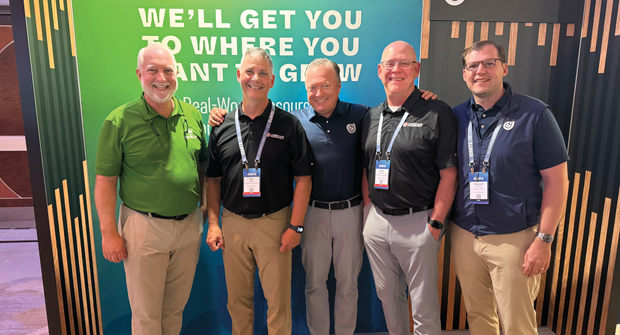 Growth opportunity At Aspire Software’s Ignite 2025 event in Anaheim, Calif., Roddy (second from left) and Hollister (second from right) hung out with (left to right) Matthew Bakker from Landscape Design Services, Holland, Mich., Grunder and Vince Torchia with The Grow Group. (Photo: LM staff)
