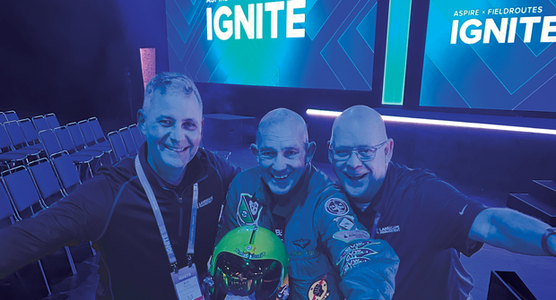 Take off!: Roddy and Hollister grabbed a few minutes with John Foley, a former Blue Angel pilot who was Ignite 2025’s keynote speaker. (Photo: LM staff)