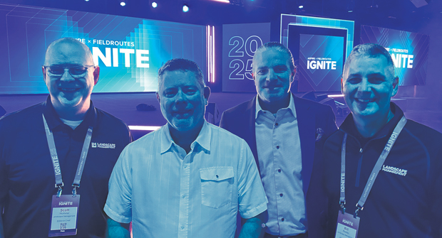 A fond farewell: Ignite 2025 marked the end of a storied run with Aspire for founder Mark Tipton (second from left). He took time to grab a photo with (from left) Hollister, Aspire’s Jon Gohl and Roddy. (Photo: LM staff)