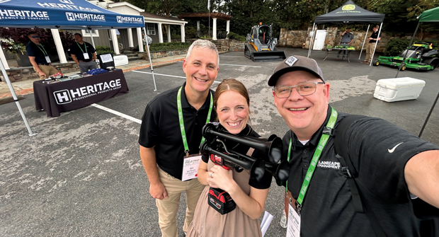 Toot your own horn: Landscape Management’s Bill Roddy (left) and Scott Hollister (right) grabbed a selfie with Emily Lindley, who despite her key roles at both Grunder Landscaping Co. and The Grow Group, had never made it into the pages of LM before now. (Photo: LM staff)