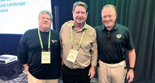 Winning combination: The 2025 NALP Field Trip at McHale Landscape Design in Annapolis, Md., which has won over 400 awards for its work. Here, hosts Kevin (left) and Steve (center) McHale pose with Marty Grunder from Grunder Landscaping Co. and The Grow Group, who facilitated the event. (Photo: LM staff)