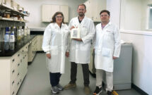 Bringing Barricor to life: The Barricor development team at Envu includes (from left) Debbie Koufas, Arunas Damijonaitis, Ph.D., and Kyle Denk. (Photo: LM staff)