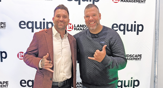 Hang loose! Justin White, (left) CEO of K&D Landscaping in Watsonville, Calif., and Sam Gembel, CEO of Atlas Outdoor in Flint, Mich., were feeling good following Gembel’s hour-long class at Equip Expo, part of the education presented by Landscape Management in Louisville. (Photo: LM staff)