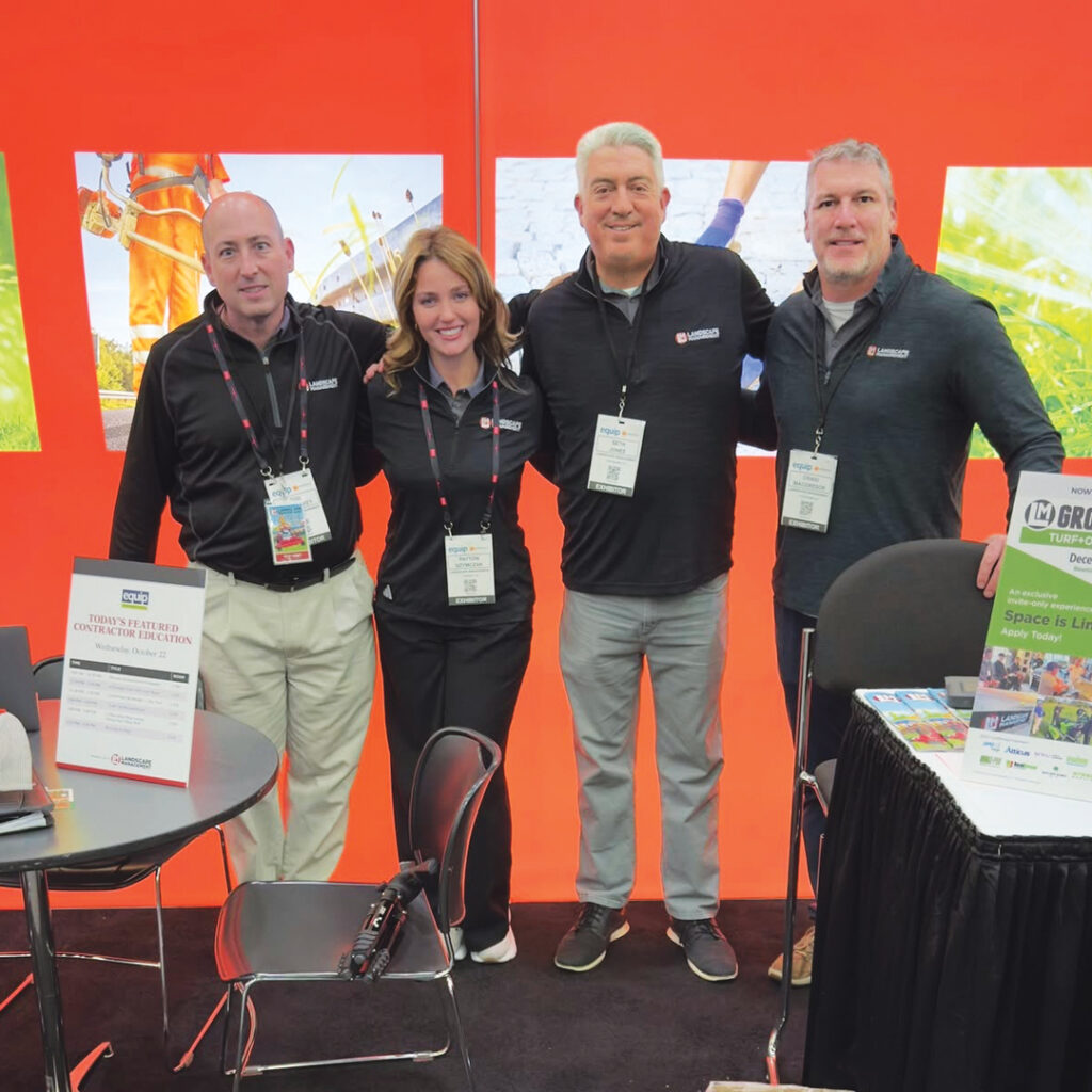 LM’s fantastic four: The booth was all set up, and there was a quiet moment before the Equip Expo show got started, so a few members of the LM team took time for a quick photo — from left to right are Tod McCloskey, Payton Szymczak, Seth Jones and Craig MacGregor. (Photo: LM staff)