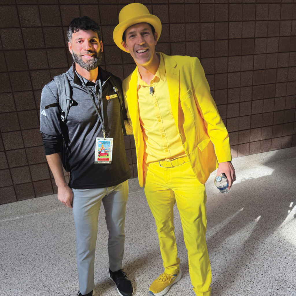 Going bananas: LM’s Nader Hassen nabbed a photo with Jesse Cole, the founder of the Savannah Bananas baseball team who delivered the keynote address in front of a packed house at Equip Expo. (Photo: LM staff)