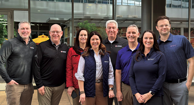 Breakfast of champions: At Elevate, the LM team met up with their old colleague Bill Roddy (in purple) who now works for Envu. Joining the breakfast are MacGregor, Hollister, Lindsey Hoffman Chappell, Ph.D., Liz Dorland, Jones, Larissa Wolfe and Jake Clabaugh. (Photo: LM staff)