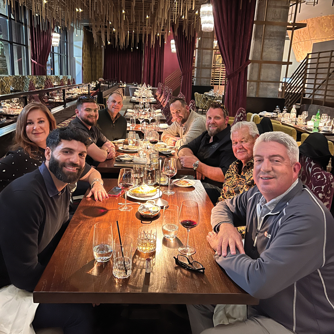 A dinner to remember: We brought together four different companies at Equip Expo 2025 for a fun evening we’ll long remember. From left to right, counterclockwise are Nader Hassen, Landscape Management; Taylor Turner, Numerator; Kyle Parks, Mulch Mate; Kevin Stoltman, LM; John Perry, Greene County Fertilizer Co.; Nick Carlson, Mulch Mate; Jim Turner, Numerator; and Seth Jones, LM. (Photo: LM staff)