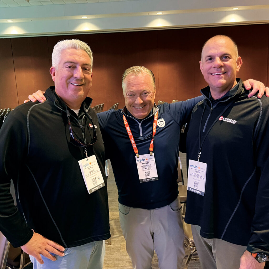 Two CEOs and an editor walk into a bar...: OK, in this case, they walked into a conference room at Equip Expo … Marty Grunder (center), CEO, Grunder Landscaping Co. and The Grow Group, joins Jones and Stoltman, CEO of North Coast Media, for a quick pic following the LM150 panel discussion hosted by Jones. (Photo: LM staff)