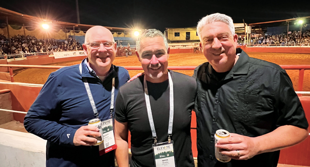 Not their first rodeo: The premier event at the National Association of Landscape Professionals’ (NALP) Elevate 2025 was a raucous rodeo held at Corona Ranch in Phoenix. Joining LM Editor-in-Chief Scott Hollister (left) and LM Editorial Director Jones (right) is Mark Bradley, chairman, LeanScaper. (Photo: LM staff)