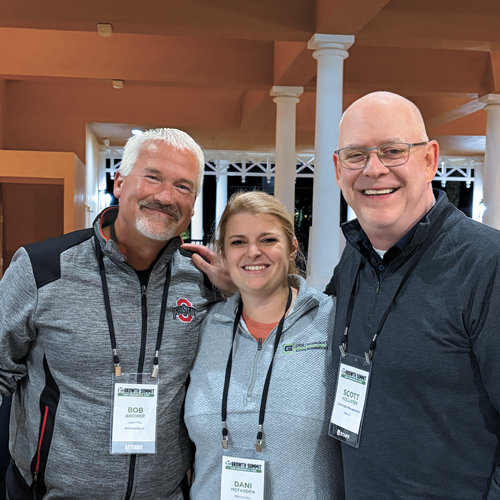 The 19th Hole: At the 13th annual LM Growth Summit, (from left) Bob Brower with Lawn Plus in West Alexandria, Ohio; Dani McFadden with PBI-Gordon and LM’s Scott Hollister traded stories from their rounds of golf on the Palmer Course at Orlando’s Reunion Resort. (Photo: LM staff)