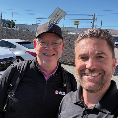 Masterminds: Hollister (left) traveled to Northern California to spend some time with LM columnist and CEO of K&D Landscaping Justin White as K&D played host to a facility tour that was a part of the Irrigation Mastermind Conference hosted by IrriTech Training. (Photo: LM staff)