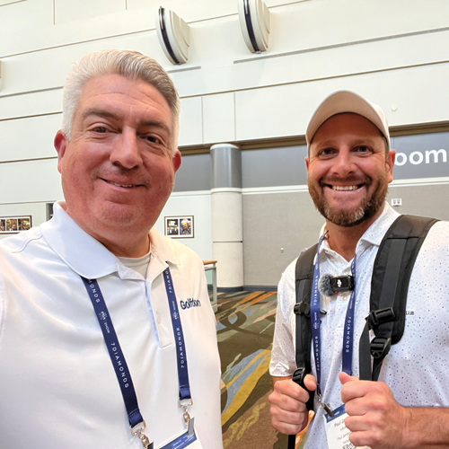 Fore!: The annual PGA Show in Orlando isn’t the first place you’d think you’d fine two landscaping luminaries, but Jones (left) ran into Paul Jamison at the event. The host of the Green Industry Podcast who also has a popular YouTube channel, Jamison is also a golf fanatic with a growing online presence in that space as well. (Photo: LM staff)