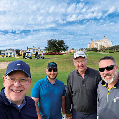 Golf GOATs: OK, maybe not, but Hollister and his group — (from left) Justin Hatfield from Chesterfield Lawns & Landscapes, Dave Feist with Sipcam Agro and Joshua Stewart with Lawn Doctor of Baldwin and Mobile Counties — still had a heck of time on the golf course at the LM Growth Summit. (Photo: LM staff)