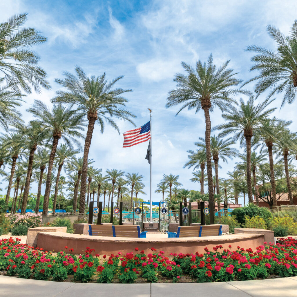 The recently redesigned veteran’s monument was carefully planned, receiving multiple rotations of annual color per year. (Photo: Gothic Landscape)