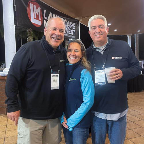 Terrific trio: (From left) John Fowler with Amazing Grass in Bel Air, Md., and his wife, Carrie, caught up with Jones at a reception during the LM Growth Summit. (Photo: LM staff)