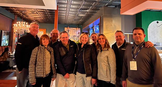 Dinner date The North Coast Media team met up wtih their friends reresenting Syngenta during the GCSAA conference in Orlando. From left are Jones; Tessa Figueroa, G&S Business Communications; Hollister; Mark LaFleur, Syngenta; Lyndsey Newnam, G&S; Lindsay Rusczak, G&S; Stephanie Schwenke, Syngenta; Jim Cummins, North Coast Media; and Carson Cashwell, Syngenta. (Photo: LM staff)