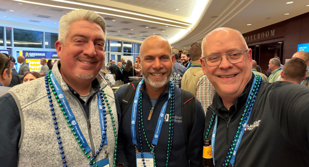 North Texas Mardi Gras: One of the receptions during GROW! 2026 in Dallas celebrated the Mardi Gras season. Here, Jones and Hollister catch up with Joe Sell from Landmark Landscapes in Sheboygan, Wis. (Photo: LM staff)