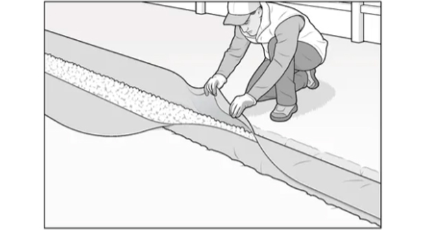 Backfill, wrap and finish. Cover the pipe with gravel up to a few inches of grade, fold the geotextile over to separate soil from rock and finish the surface with soil, sod or decorative stone tailored to the client’s expectations. (Illustration: David Preiss)