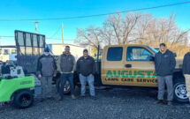 The machine was delivered by (pictured from left to right) Steel Green Manufacturing’s Scot Jones, Advanced Turf Solutions’ Jordan Mansfield and Steel Green Manufacturing’s Kodi Quinlisk. (Photo: Advanced Turf Solutions, Corteva, Steel Green)