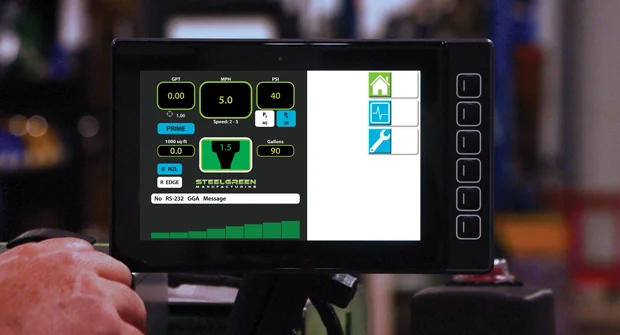 The Opti-Rate system on Steel Green’s sprayers helps operators ensure they have a consistent spray rate and spread. (Photo: Steel Green Manufacturing)