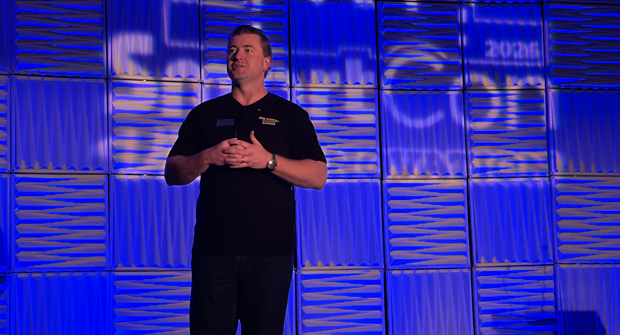 Weathermatic president Lex Mason delivers opening remarks to attendees at SmartCon 2026 in San Antonio, Texas. (Photo: LM Staff)