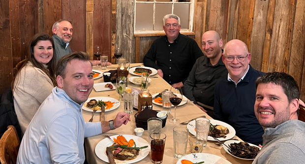 During GROW! 2026 in Dallas, the Landscape Management team — (clockwise from upper right) Seth Jones, Tod McCloskey and Scott Hollister — grabbed dinner with friends from John Deere — (clockwise from lower right) Justin VanderHeyden, Cameron Stull, Jaclyn Boraas and Nick Minas. (Photo: LM staff)