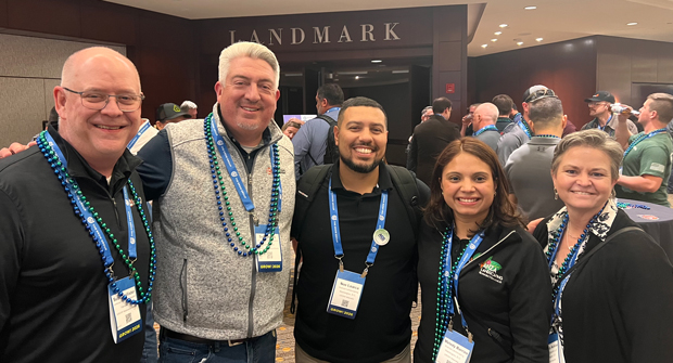 At GROW! 2026, Hollister and Jones reconnected with longtime Friend of LM Noe Loarca from Avanza Landscaping in Arlington, Va., Avanza’s Melody Barrios (second from right) and Meredith Nicklas with The CFO Solution. (Photo: LM staff)