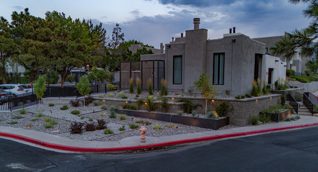 The team elevated the site’s nighttime appeal using varied lighting, including cap lights for walls, downlights for trees, uplights for water features and wash lights for planters. (Photo: Brent Peterson with Antigravity Films, LLC)