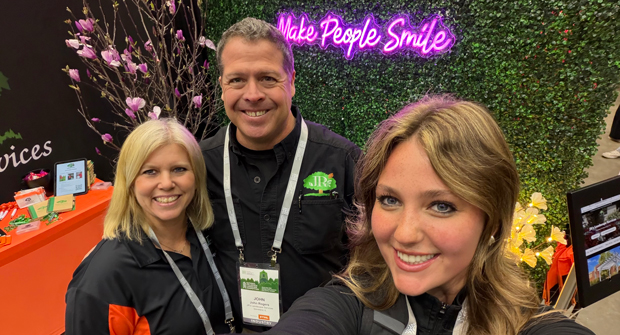 Show time: During her rounds at the Career Fair at NCLC, Szymczak visited — and grabbed a selfie — with John and Malena Rogers from JR’s Landscape Services, which is based in north central Illinois. (Photo: LM staff)