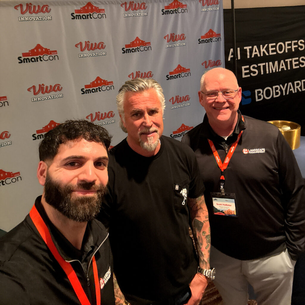 Star-struck: Richard Rawlings (center), the star of the reality show “Fast N’ Loud,” was the keynote speaker at Weathermatic’s SmartCon 2026. But the real highlight of his appearance was catching a photo with LM’s Nader Hassen (left) and Hollister. (Photo: LM staff)
