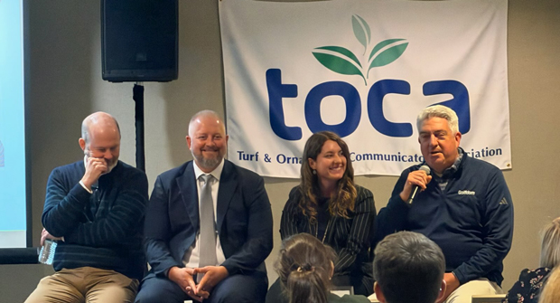 Session standout: LM’s Seth Jones (far right) sat on a green industry publisher panel at TOCA. He was joined (from left) by Bob West with Meister Media, Dave Szy with GIE Media and Jill Odom with NALP. (Photo: LM staff)