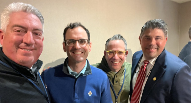 Class is in session: Following a morning of education at the TOCA Annual Meeting, Jones connected with (from left) Ian Gallagher, superintendent at Mayfield Sand Ridge Club; Syngenta’s LaFleur; and Brian Zimmerman with Cleveland Metroparks. (Photo: LM staff)